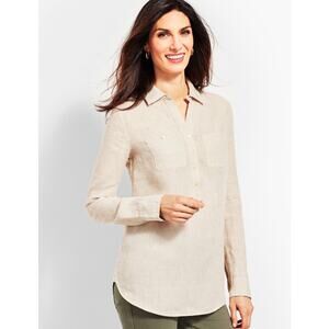 Talbots Linen Camp Shirt Oatmeal Beige 2XP Button Up Relaxed Coastal Lagenlook